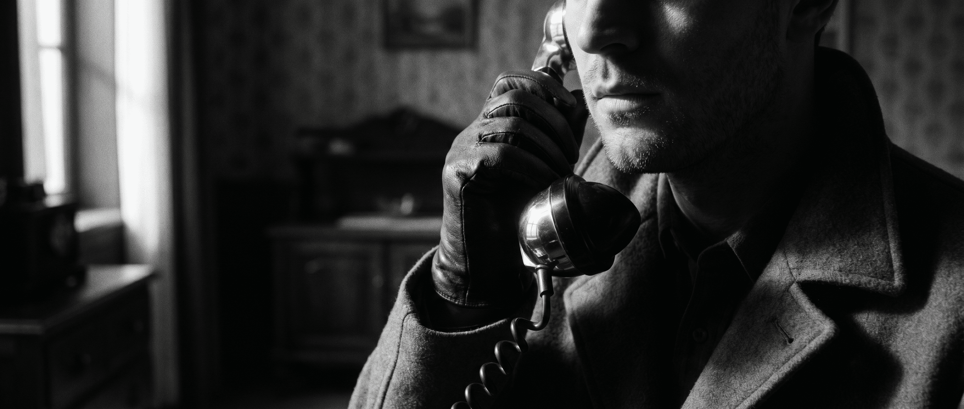 Un combiné de téléphone vintage tenu à l'oreille, lumière de fenêtre — l'art de la parole sous pression
